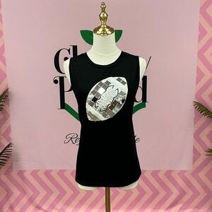 QUEEN OF SPARKLES Black Sequin Football Patch Tank Top